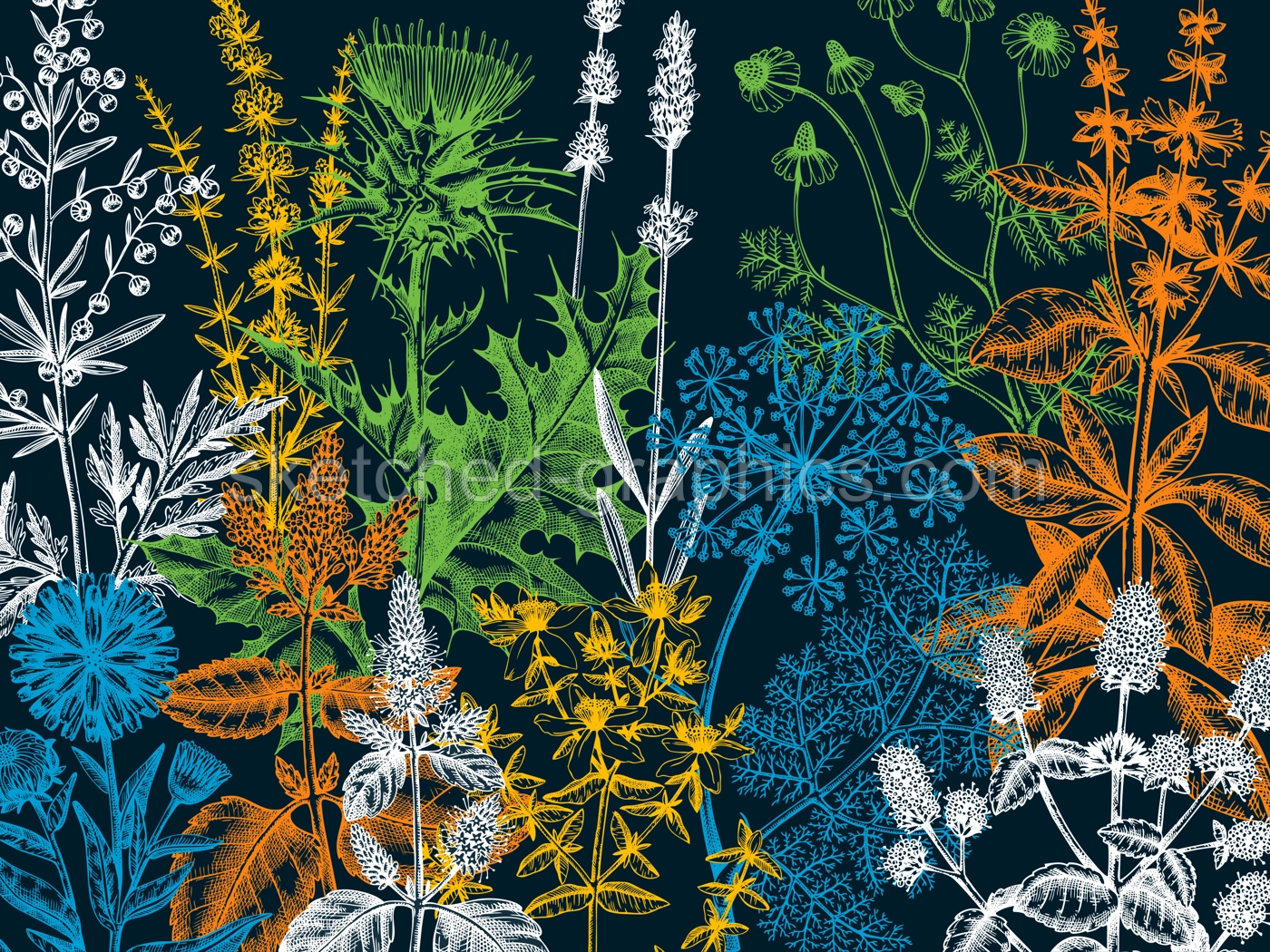 Sketched herbs, flowers, weeds, meadows background. Medicinal plants vintage illustration for cosmetics, perfumery, medicine, packaging. Herbal tea ingredients banner. Medicinal herbs sketch design. Illustration